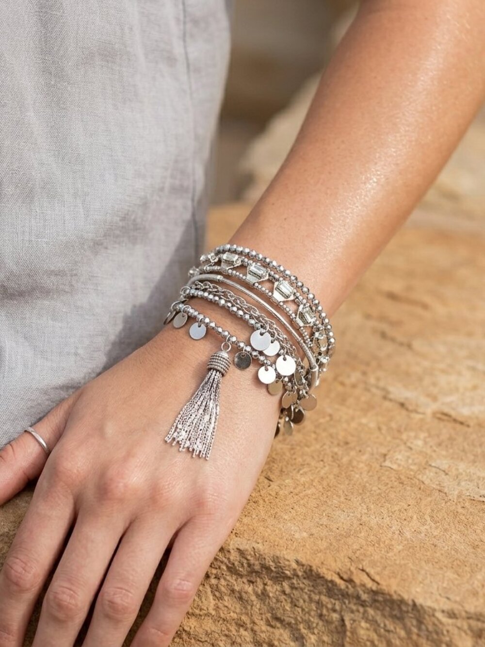 BKE 6pc silver bracelet set. a layered, stackable look